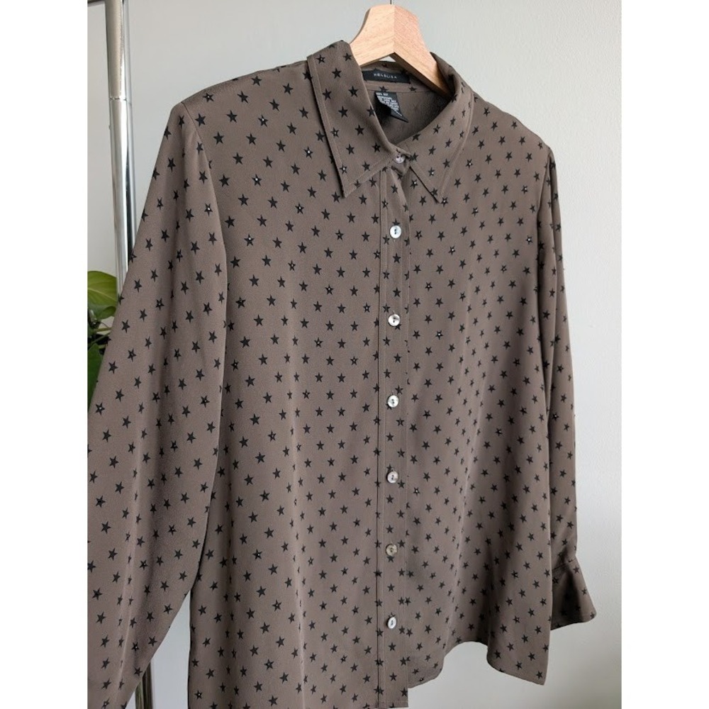 Vintage silk western shirt XL brown stars rhinestone boho americana maximalist